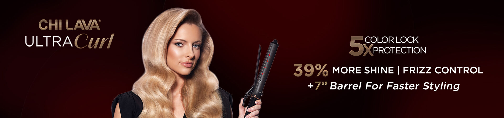 Woman with wavy blonde hair holding CHI Lava hair styling tool. Text promotes new product with advanced technology and natural minerals for healthier hair.